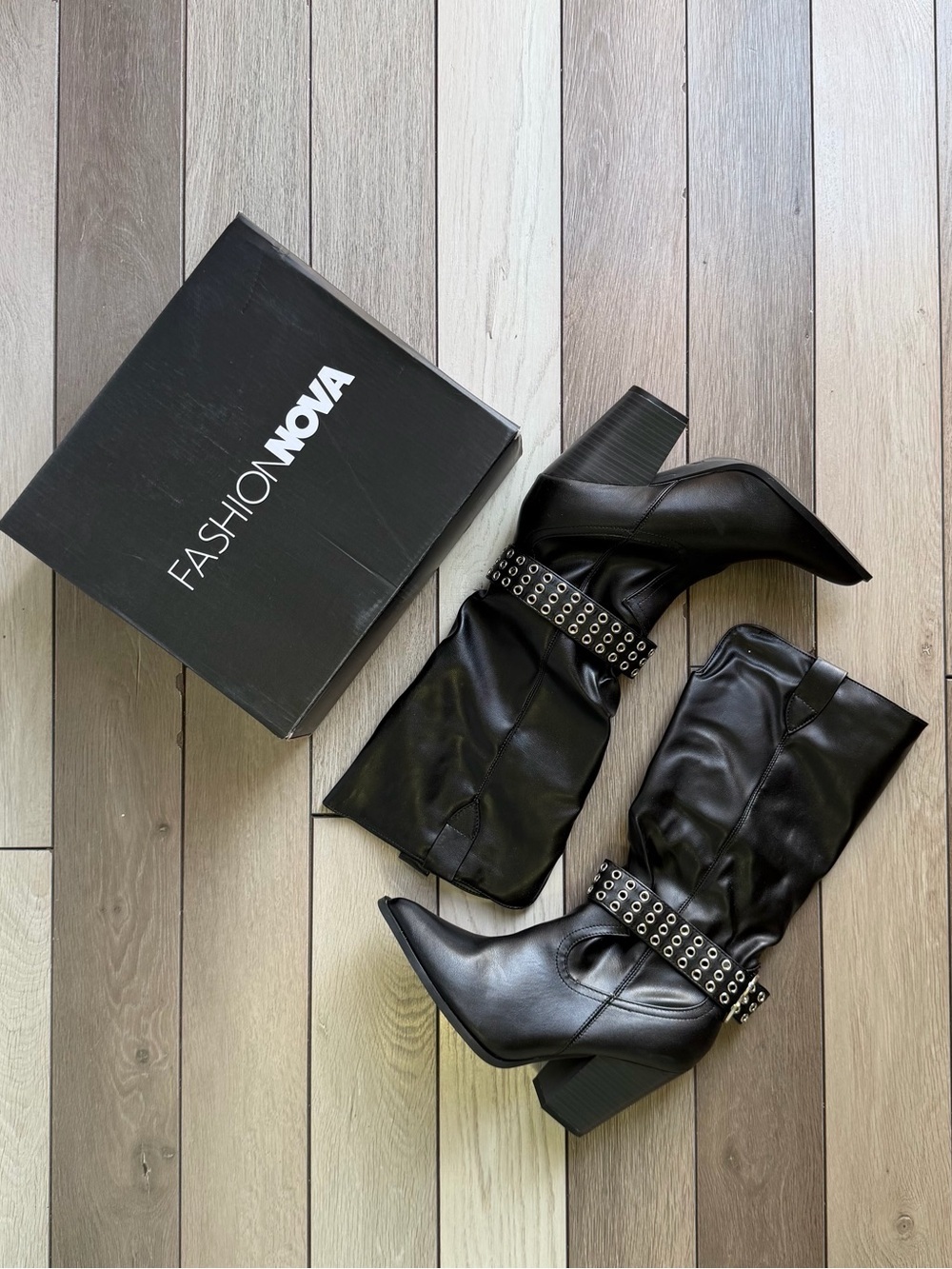 Fashion Nova "No Temptations" black knee-high cowboy boots